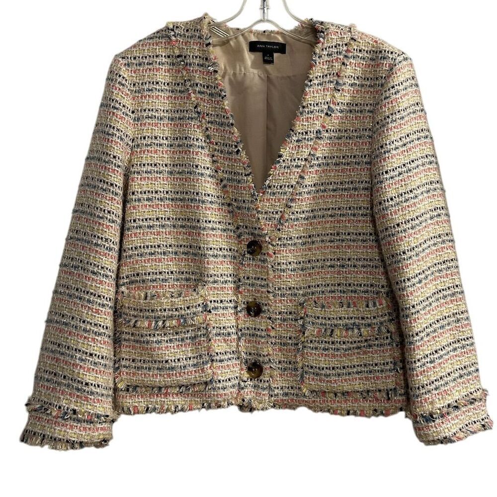 Ann Taylor Women's Shimmer Fringe Tweed Blazer Size 6 Multicolor